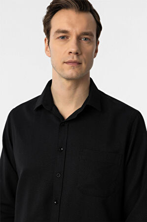 Siyah Regular Fit Armürlü Klasik Yaka Gömlek