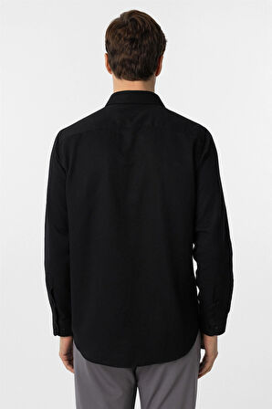 Siyah Regular Fit Armürlü Klasik Yaka Gömlek