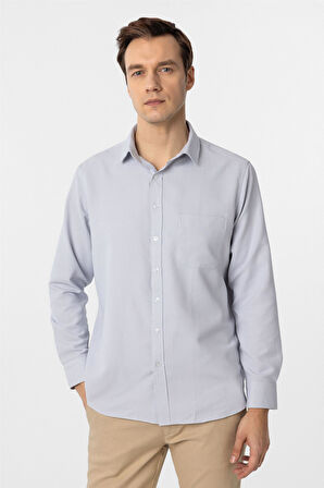 Gri Regular Fit Armürlü Klasik Yaka Gömlek