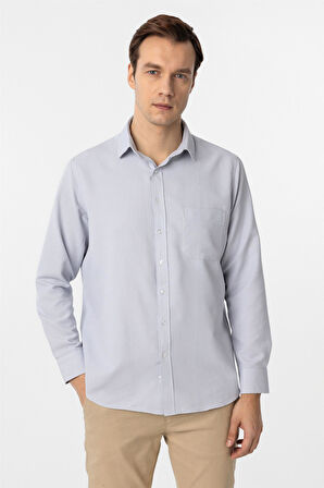 Gri Regular Fit Armürlü Klasik Yaka Gömlek