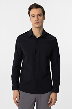 Lacivert Slim Fit Düz Klasik Yaka Gömlek