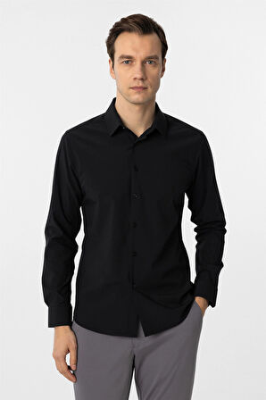 Siyah Slim Fit Düz Klasik Yaka Gömlek