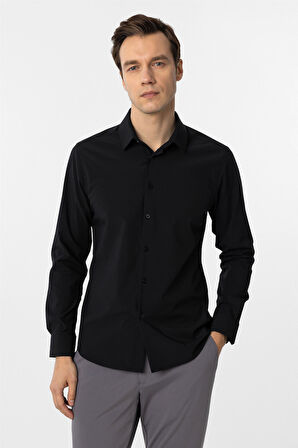 Siyah Slim Fit Düz Klasik Yaka Gömlek