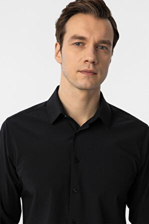 Siyah Slim Fit Düz Klasik Yaka Gömlek