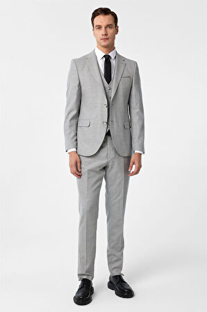 Gri Slim Fit Desenli Mono Yaka 6 Drop Yelekli Klasik Takım Elbise