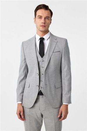 Gri Slim Mono Yaka Yan Cepli 6 Drop Yelekli Takım Elbise