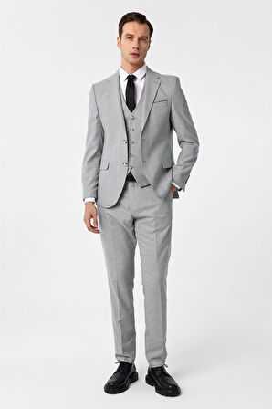 Gri Slim Fit Desenli Mono Yaka 6 Drop Yelekli Klasik Takım Elbise