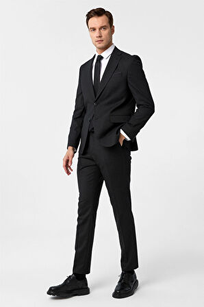 Siyah Slim Fit Desenli Mono Yaka 6 Drop Klasik Takım Elbise