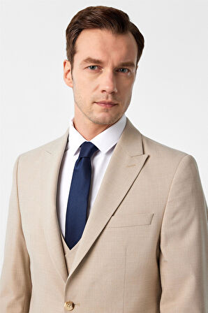 Bej Slim Fit Desenli Sivri Yaka 6 Drop Yelekli Klasik Takım Elbise
