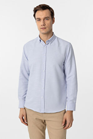 Buz Mavi Slim Fit Armürlü Düğmeli Yaka Gömlek