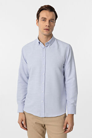 Buz Mavi Slim Fit Armürlü Düğmeli Yaka Gömlek