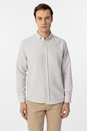 Ekru Slim Fit Armürlü Düğmeli Yaka Gömlek