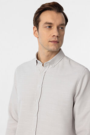 Ekru Slim Fit Armürlü Düğmeli Yaka Gömlek