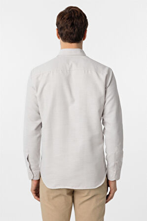 Ekru Slim Fit Armürlü Düğmeli Yaka Gömlek