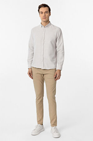 Ekru Slim Fit Armürlü Düğmeli Yaka Gömlek