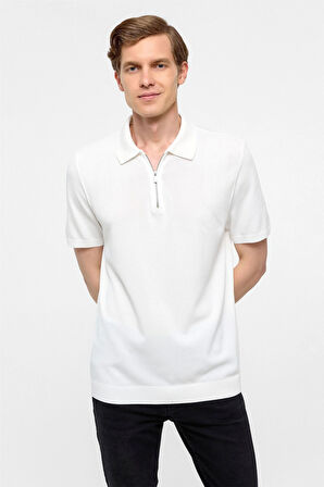 Beyaz Regular Düz Polo Yaka Triko Tşört 
