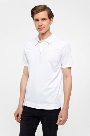 Beyaz Regular Düz Polo Yaka Triko Tşört 