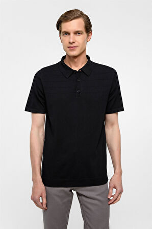 Siyah Regular Düz Polo Yaka Triko Tişört 