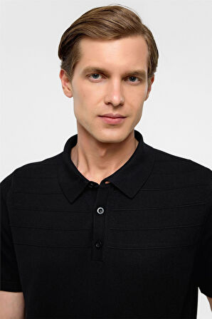 Siyah Regular Düz Polo Yaka Triko Tişört 