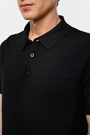 Siyah Regular Düz Polo Yaka Triko Tişört 