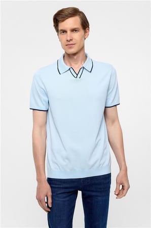 Buz Mavi Regular Düz Fermuarlı Polo Yaka Kazak