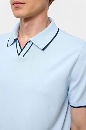 Buz Mavi Regular Düz Polo Yaka Triko Tişört 