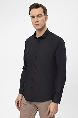 Siyah Slim Fit Düz Klasik Yaka Gömlek