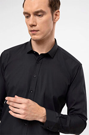 Siyah Slim Fit Düz Klasik Yaka Gömlek