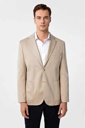 Bej Regular Fit Desenli Mono Yaka 4 Drop Ceket