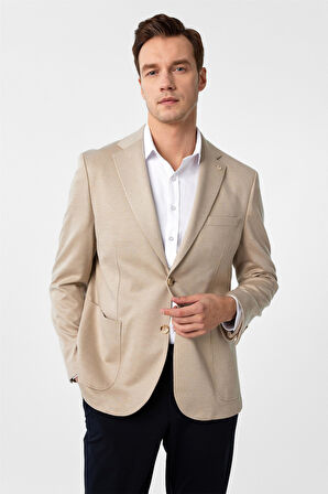 Bej Regular Fit Desenli Mono Yaka 4 Drop Ceket