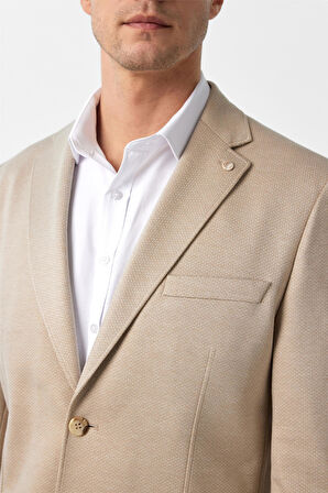 Bej Regular Fit Desenli Mono Yaka 4 Drop Ceket