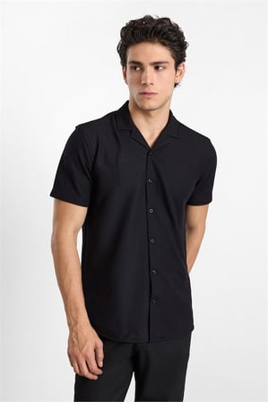 Siyah Slim Klasik Yaka Düz Waffle Cepsiz Düz Kısa Kollu Casual Gömlek