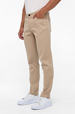 Bej Slim Fit 5 Cep Kalıp Armürlü Kanvas Pantolon