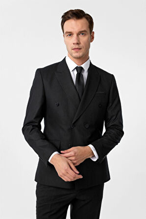 Siyah Slim Fit Çizgili Sivri Yaka 6 Drop Klasik Takım Elbise