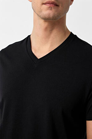 Siyah Slim Fit Düz V Yaka Tişört
