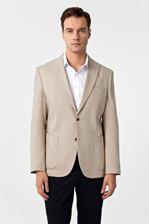 Bej Slim Fit Desenli Sivri Yaka 6 Drop Ceket