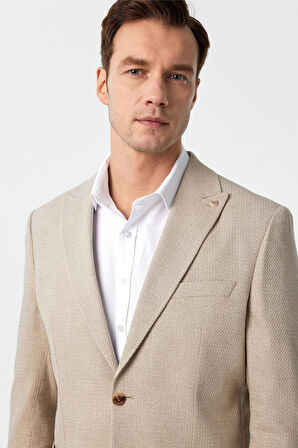 Bej Slim Fit Desenli Sivri Yaka 6 Drop Ceket