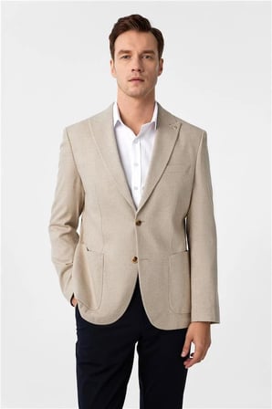 Bej Slim Sivri Yaka Torba Cep 6 Drop Klasik Ceket