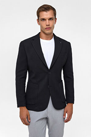 Siyah Slim Fit Desenli Mono Yaka 6 Drop Ceket