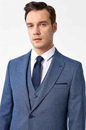 Parlament Mavi Slim Fit Desenli Mono Yaka 6 Drop Yelekli Klasik Takım Elbise