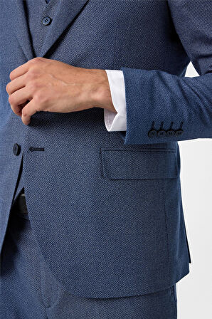 Parlament Mavi Slim Fit Desenli Mono Yaka 6 Drop Yelekli Klasik Takım Elbise