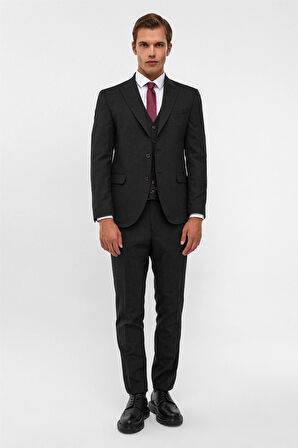 Siyah Slim Desenli Sivri Yaka 6 Drop Yelekli Takım Elbise