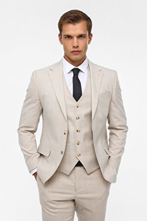 Ekru Slim Fit Desenli Mono Yaka 6 Drop Yelekli Klasik Takım Elbise