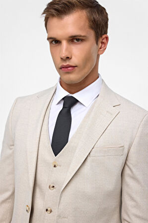 Ekru Slim Fit Desenli Mono Yaka 6 Drop Yelekli Klasik Takım Elbise
