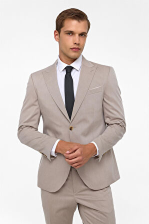 Bej Slim Desenli Sivri Yaka 6 Drop Takım Elbise