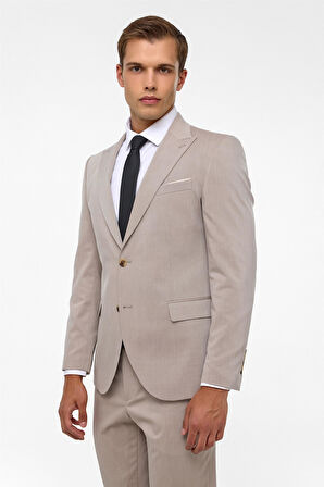 Bej Slim Desenli Sivri Yaka 6 Drop Takım Elbise