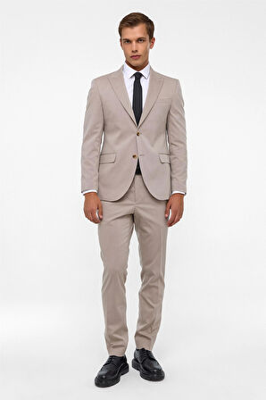 Bej Slim Desenli Sivri Yaka 6 Drop Takım Elbise