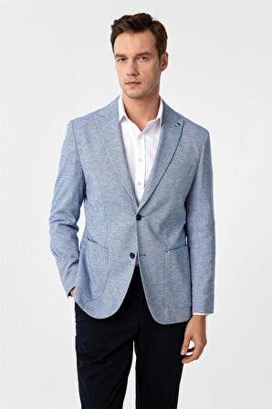 Saks Mavi Slim Fit Desenli Sivri Yaka 6 Drop Ceket