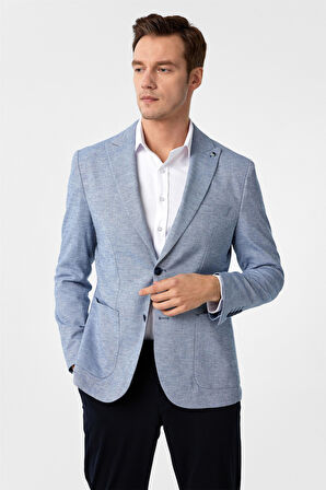 Saks Mavi Slim Fit Desenli Sivri Yaka 6 Drop Ceket