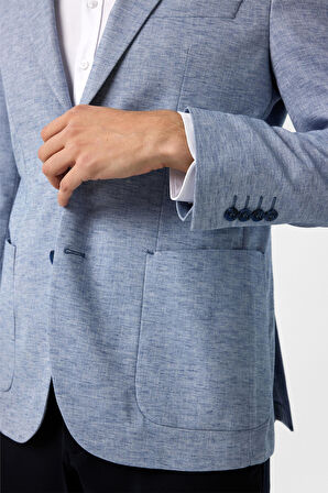 Saks Mavi Slim Fit Desenli Sivri Yaka 6 Drop Ceket